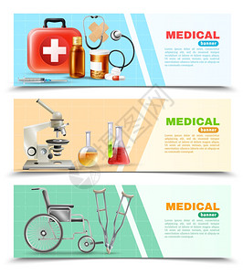 医疗保健平医疗水平横幅医疗保健线3医疗水平横幅实验室电子显微镜,轮椅拐杖背景矢量插图图片