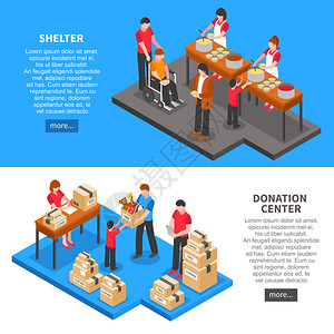 横幅与捐赠中心志愿者喂养提供必要的东西给人们庇护所矢量插图插画