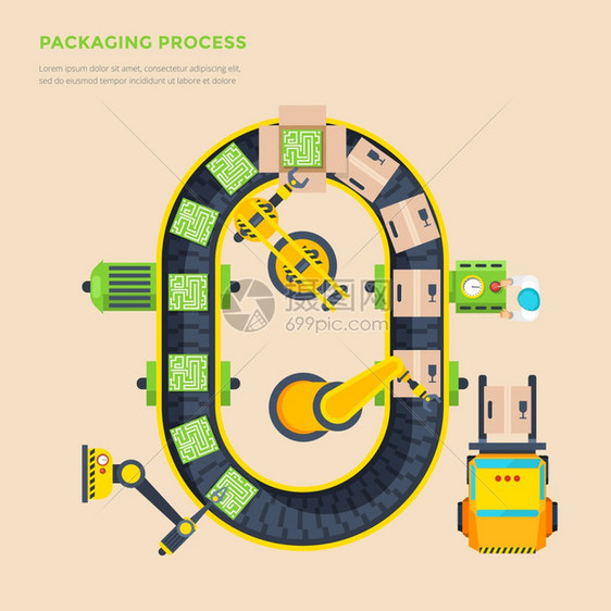包装线顶部视图海报包装线顶部视图海报与自动输送机微方案过程平矢量插图图片