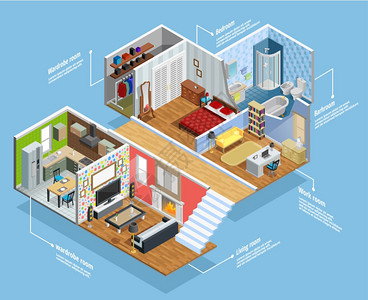 内部等距成分室内等距构图与家具室舒适符号矢量插图图片
