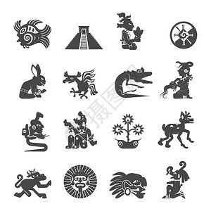 玛雅符号平图标玛雅写古代文字黑色图标收集与占星术标志神符号抽象孤立矢量插图图片