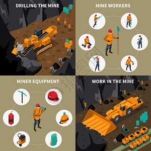 矿工人2x2等距图标矿工设备机械人员工作矿井2x2等距图标孤立矢量插图图片