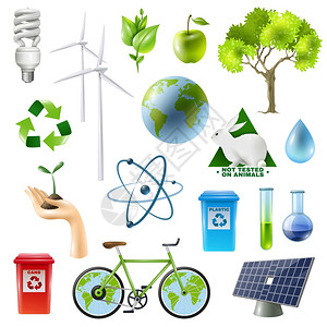 绿色能源标志集生态隔离符号与替代能源植物管自行车图像分子回收标志矢量插图图片