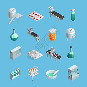 药品生产图标等距图标集同的制药生产要素,设备最终产品矢量插图图片