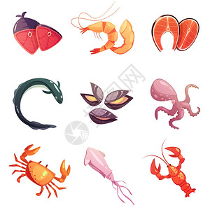 晚餐海鲜复古卡通图标五颜六色的海鲜复古卡通平图标贝类章鱼,鱿鱼,牡蛎,鳗鱼牛排矢量插图插画