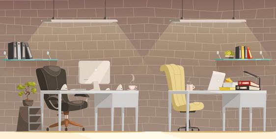 现代办公桌照明卡通海报现代照明解决方案为办公室舒适创造的工作环境卡通海报砖墙背景矢量插图图片