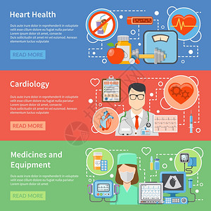 心脏科平横幅水平心脏病学平横幅与药物设备的心脏治疗生活方式的心脏健康孤立矢量插图图片