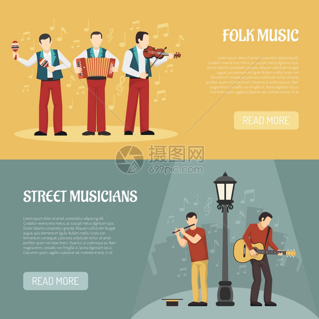 民间街头音乐家水平横幅人们演奏乐器,两个水平横幅与街头音乐家民俗表演者平矢量插图图片