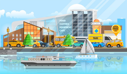 出租车车辆模板出租车车辆模板与汽车汽车船舶游艇公共汽车的交通平矢量图背景图片