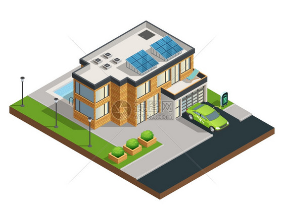 绿色生态房屋等距插图大型现代绿色生态房屋,屋顶太阳能电池板,美丽整洁的庭院车库游泳池等距矢量插图图片