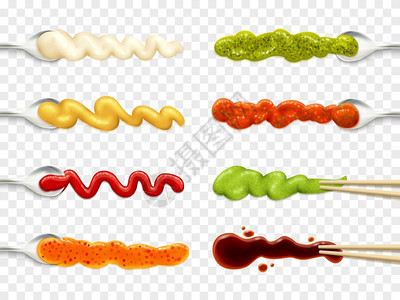 酱汁图标颜色图标,描绘同的酱汁勺子矢量插图图片