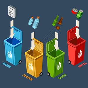 废物管理等距废物管理等距与同颜色的回收箱的垃圾分离矢量插图图片