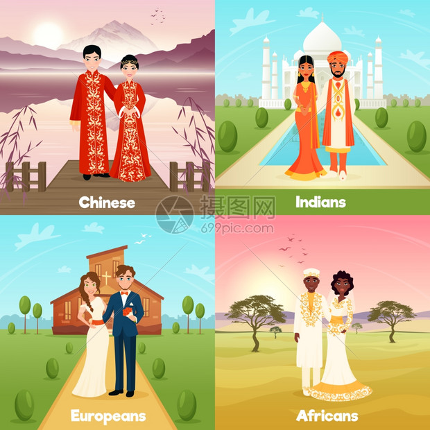 多元文化的婚礼夫妇理念多元文化婚礼2x2理念与中国,印度,欧洲非洲夫妇平矢量插图图片