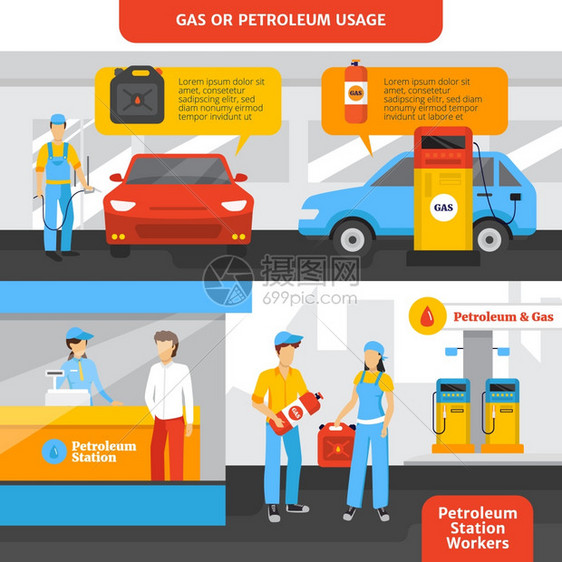 加油站工人横幅加油站工人水平横幅与人汽车平隔离矢量插图图片