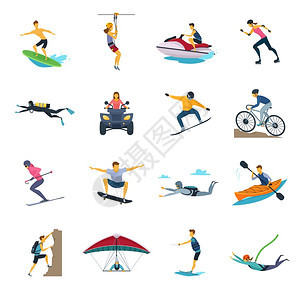 极限运动活动平图标收集极限运动活动平图标收集与白水皮划艇跳伞免费斯蒂尔摩托越野孤立矢量插图图片