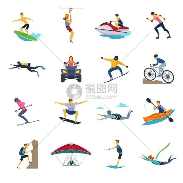 极限运动活动平图标收集极限运动活动平图标收集与白水皮划艇跳伞免费斯蒂尔摩托越野孤立矢量插图图片