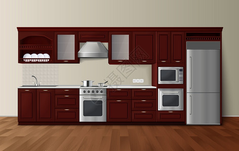 豪华厨房黑暗现实的内部形象现代豪华厨房深棕色橱柜与内置微波炉现实侧视图像矢量插图图片