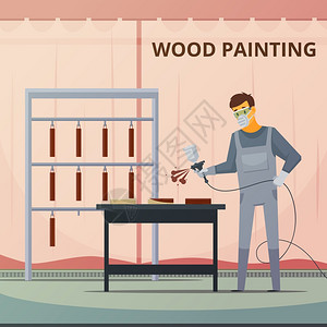 专业木作绘画平海报专业木工画家木家具零件上喷涂丙烯酸涂料,以平滑地完成平海报矢量插图图片