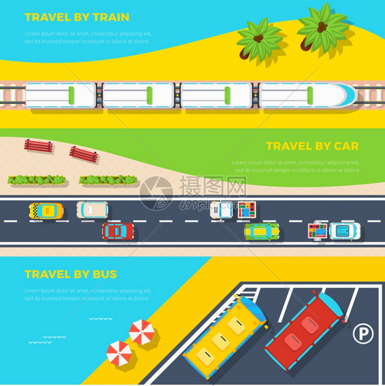 旅行横幅的方法顶部视图水平横幅的三种方式旅行火车公共汽车平矢量插图图片