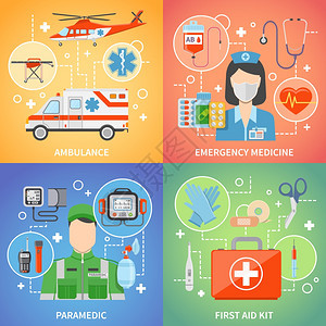 护理人员2x2护理人员2x2集与医疗设备的急救急救医学平矢量插图背景图片