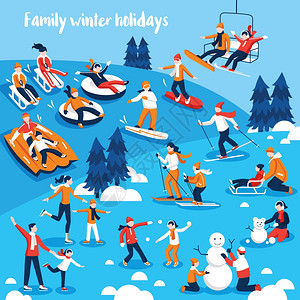 事冬季运动的人收集装饰图标与人他们的孩子事冬季运动假期平矢量插图图片