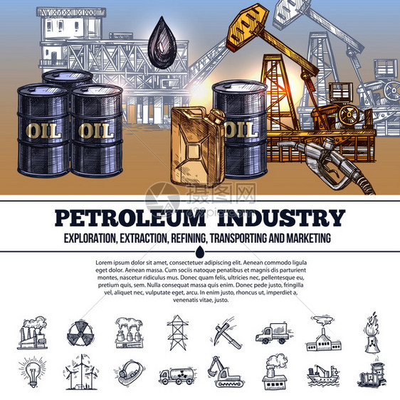 石油工业信息图表石油工业信息手绘布局与生产要素成,炼油运输石油产品矢量图图片