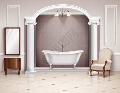 浴室内部写实美丽的豪华浴室内部与维多利亚柱家具白色爪脚浴缸现实矢量插图图片