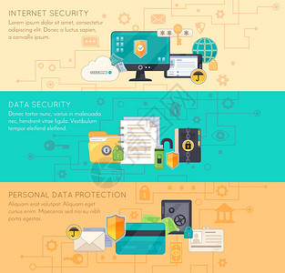 线数据保护3平横幅线业务处理个人数据保护互联网安全3平横幅与信息图元素隔离矢量插图图片