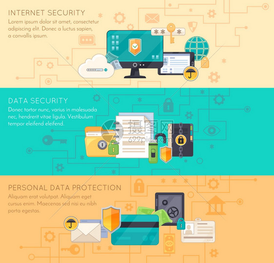 线数据保护3平横幅线业务处理个人数据保护互联网安全3平横幅与信息图元素隔离矢量插图图片