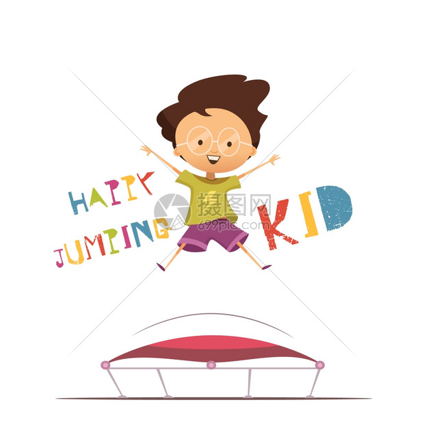 快乐跳跃儿童矢量插图快乐卡通学龄前儿童跳跃蹦床平矢量插图复古风格的白色背景图片