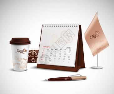 日历公司身份模型集日历笔旗璃企业身份模型与咖啡厅轻背景现实矢量插图图片