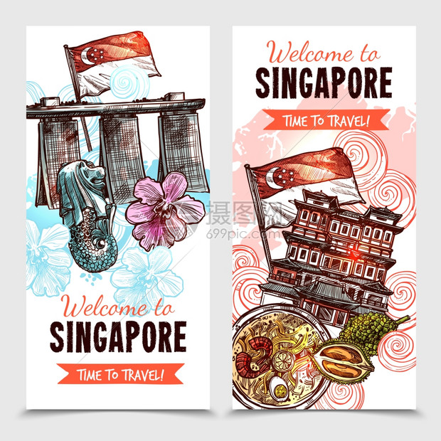 新加坡素描垂直横幅新加坡垂直横幅手绘风格与鱼尾狮码头湾沙滩图像描述欢迎来新加坡矢量插图图片