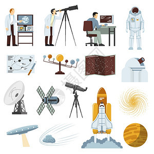 天文学研究设备平图标收集天文学研究设备平图标收集与射电望远镜航天器宇航员宇航服孤立矢量插图图片