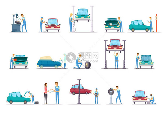 汽车维修服务卡通图标收集汽车维修车库服务复古卡通图标收集与汽车升降机汽车机械隔离矢量插图图片