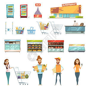 人们超市卡通图标超市杂货店购物复古卡通图标与客户推车篮子食品产品矢量插图图片