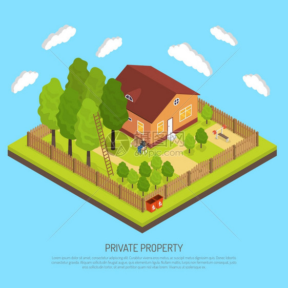 私财产边界栅栏等距插图私人郊区物业与栅栏边界等距图像与块土地乡村房屋抽象矢量插图图片