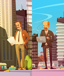 两个大城市背景的商人两位商人大城市背景平矢量插图户外阅读电子纸质文件图片
