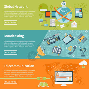 电信水平横幅电信水平横幅与全球网络元素广播设备云世界技术平矢量插图的信息图片
