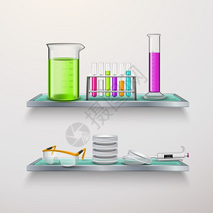 实验室设备上架成彩色逼真的化学设备,用于实验室货架上的实验,用容器管成,闪烁平矢量插图图片