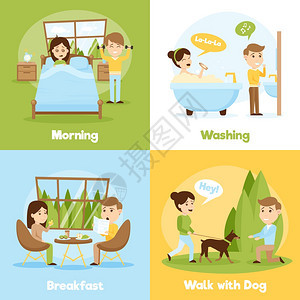 每日人2x2作文卡通风格2x2成的人们日常生活呈现上午洗早餐遛狗矢量插图图片