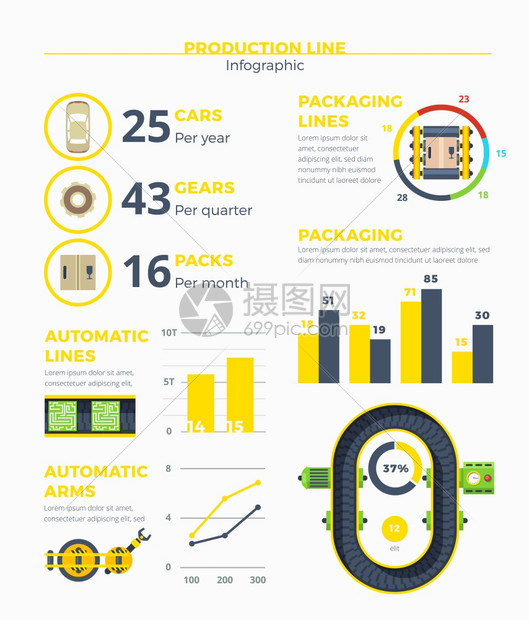 生产线信息图生产线信息与产品包装统计效果的自动线手臂平矢量插图图片