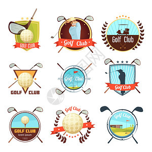 高尔夫球杆复古风格标签流行的高尔夫球杆复古风格标签收集与袋球球员球场矢量插图背景图片