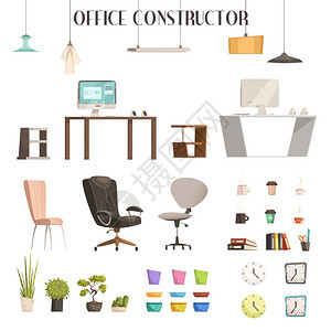 现代办公配件卡通套装现代室内家具配件卡通风格的图标,为时尚的办公室翻新建筑矢量插图图片