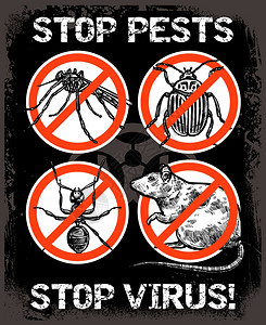 素描害虫防治昆虫海报用昆虫啮齿动物矢量插图为害虫防治服务的深色草图海报图片