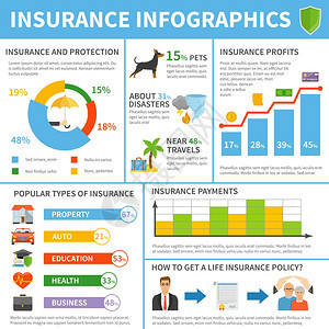保险服务类型平信息海报流行的保险公司类型政策覆盖利润费平信息图表海报与图表矢量插图图片