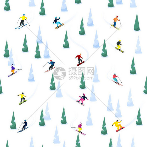 滑雪山无缝图案滑雪无缝装饰图案与小的滑雪者,冰树木的空白背景矢量插图图片