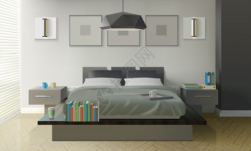 现代卧室室内现代卧室室内与床书杯子现实矢量插图图片
