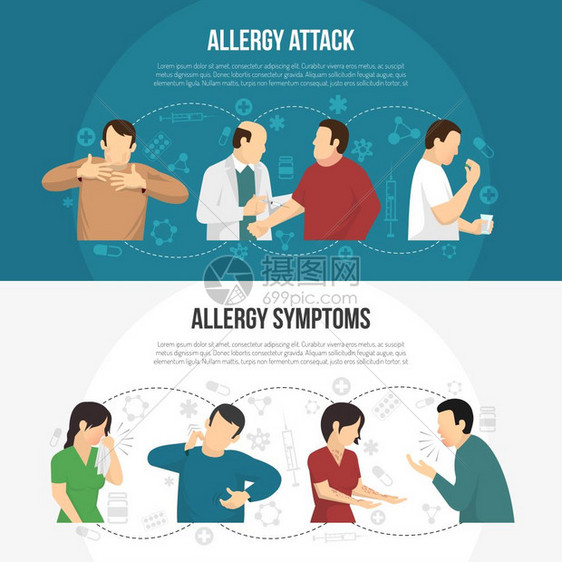 过敏横幅套两个水平彩色过敏横幅过敏攻击过敏症状描述矢量插图图片