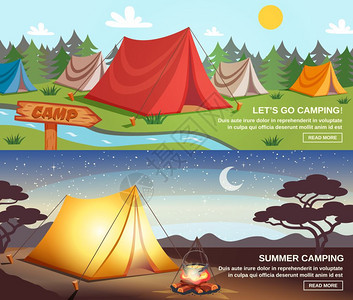 野营水平横幅野营日夜水平横幅与旅游设备路标自然景观背景上矢量插图背景图片