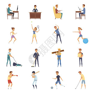 积极的生活方式人物图标体育活动生活方式图标卡通人物久坐的身体运动活动矢量插图图片